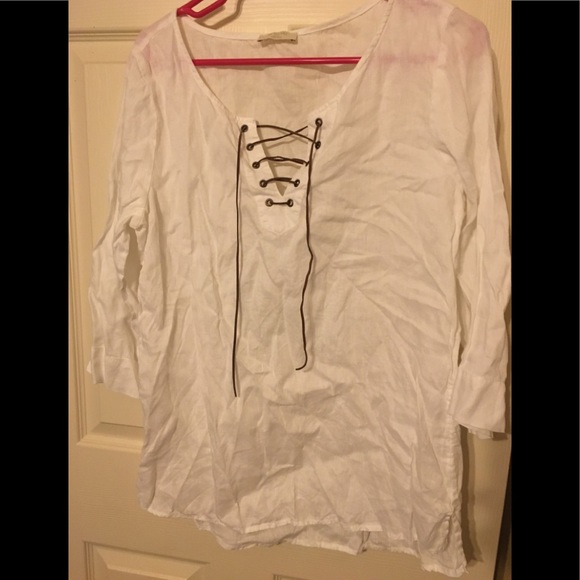 100% Linen Quarter Sleeve White Top- Leather String Neck - Picture 4 of 10